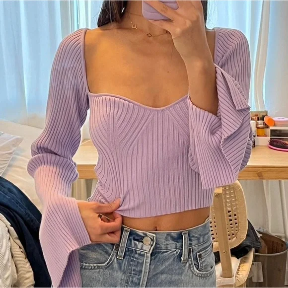 Urban Outfitters hot pink ribbed knit low cut square neck cropped sweater size M - Picture 9 of 9